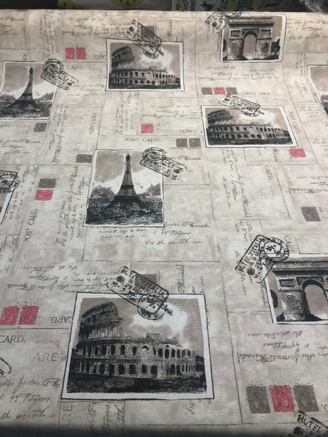 Postcard Paris Eiffel Tower Travel Rome Italy Cotton Polyester Print Fabric - Paris Postcard, Vintage Landmarks, Taupe Beige Cherry, 54" Width (1 Yard)