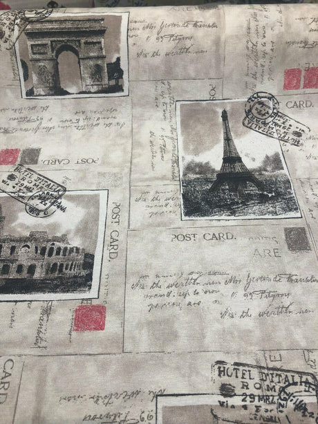 Postcard Paris Eiffel Tower Travel Rome Italy Cotton Polyester Print Fabric - Paris Postcard, Vintage Landmarks, Taupe Beige Cherry, 54" Width (1 Yard)