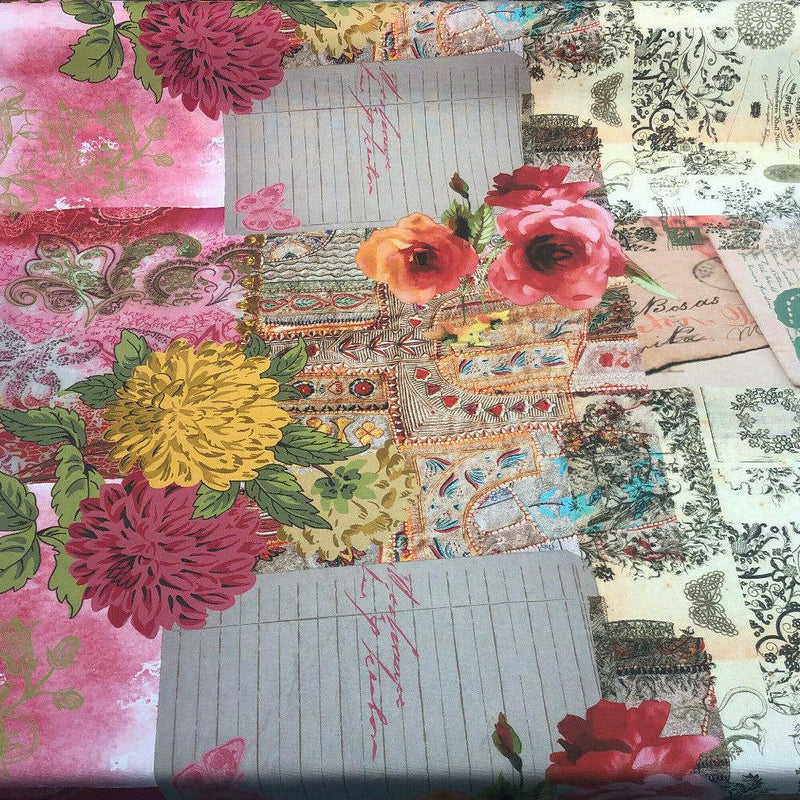 Love Letter Vintage Romantic Denovian Gold Rose Print Cotton Polyester Fabric - Romantic Postcard Love Letter Pattern, 55" Width (1 Yard)