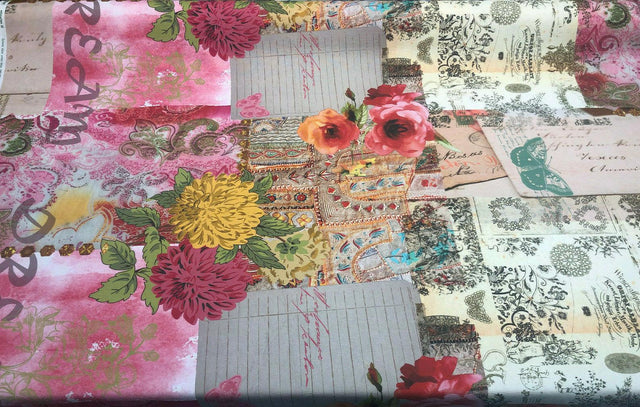 Love Letter Vintage Romantic Denovian Gold Rose Print Cotton Polyester Fabric - Romantic Postcard Love Letter Pattern, 55" Width (1 Yard)