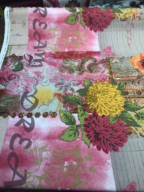 Love Letter Vintage Romantic Denovian Gold Rose Print Cotton Polyester Fabric - Romantic Postcard Love Letter Pattern, 55" Width (1 Yard)