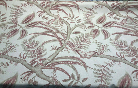 Butterfly Trees Toile B Cotton Polyester Linen Fabric - Beige Salmon Butterfly On Tree Branch, 56" Width (1 Yard)