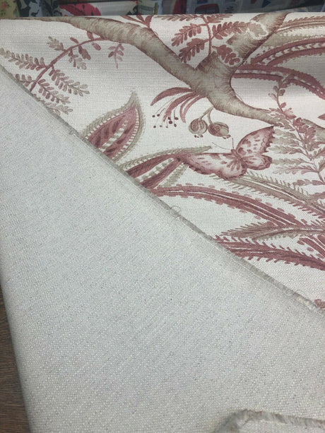 Butterfly Trees Toile B Cotton Polyester Linen Fabric - Beige Salmon Butterfly On Tree Branch, 56" Width (1 Yard)