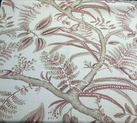 Butterfly Trees Toile B Cotton Polyester Linen Fabric - Beige Salmon Butterfly On Tree Branch, 56" Width (1 Yard)