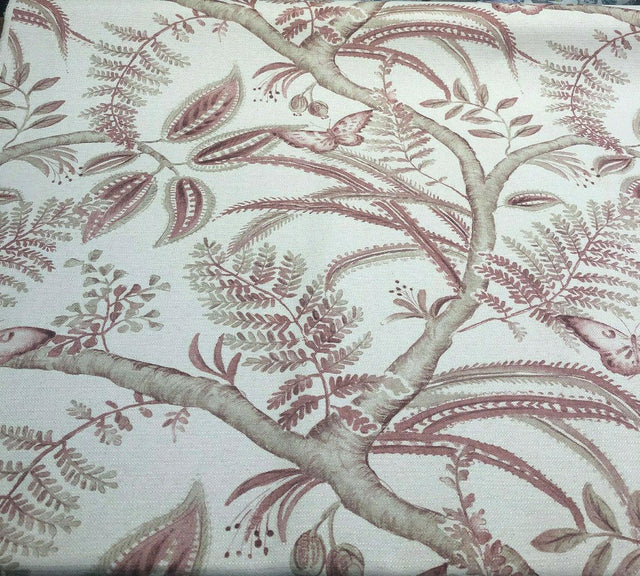 Butterfly Trees Toile B Cotton Polyester Linen Fabric - Beige Salmon Butterfly On Tree Branch, 56" Width (1 Yard)
