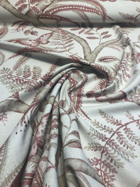 Butterfly Trees Toile B Cotton Polyester Linen Fabric - Beige Salmon Butterfly On Tree Branch, 56" Width (1 Yard)