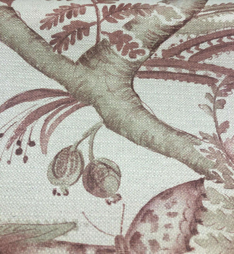 Butterfly Trees Toile B Cotton Polyester Linen Fabric - Beige Salmon Butterfly On Tree Branch, 56" Width (1 Yard)