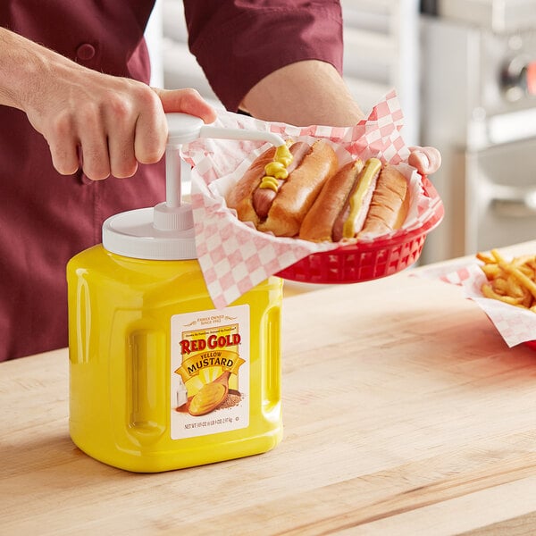 Red Gold Yellow Mustard Plastic Jug with Pump 105 oz. - 4/Case