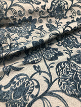 Renaissance Chenille Upholstery Fabric - Deep Teal Blue/Beige, 58" Width, 14" Horizontal Repeat, 26" Vertical Repeat (1 Yard)