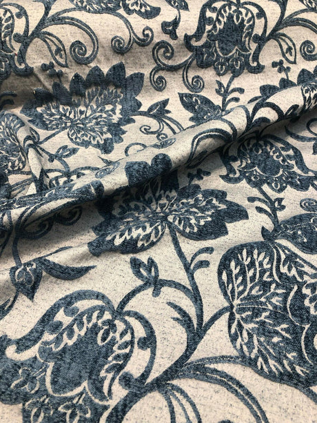 Renaissance Chenille Upholstery Fabric - Deep Teal Blue/Beige, 58" Width, 14" Horizontal Repeat, 26" Vertical Repeat (1 Yard)