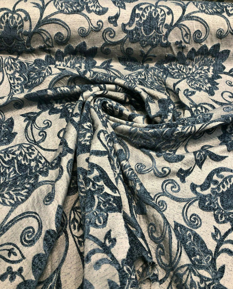Renaissance Chenille Upholstery Fabric - Deep Teal Blue/Beige, 58" Width, 14" Horizontal Repeat, 26" Vertical Repeat (1 Yard)