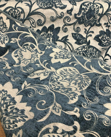 Renaissance Chenille Upholstery Fabric - Deep Teal Blue/Beige, 58" Width, 14" Horizontal Repeat, 26" Vertical Repeat (1 Yard)