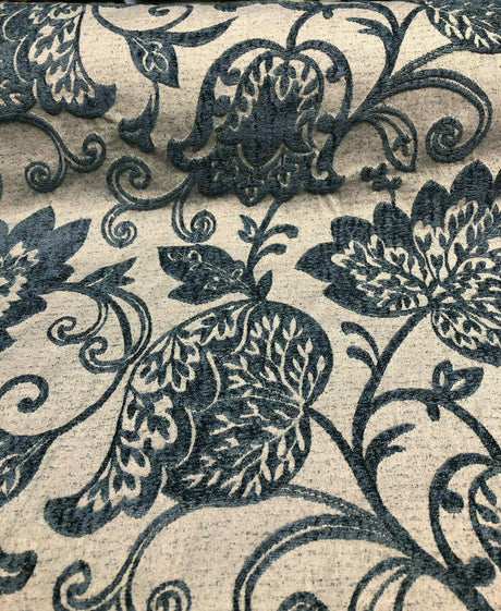 Renaissance Chenille Upholstery Fabric - Deep Teal Blue/Beige, 58" Width, 14" Horizontal Repeat, 26" Vertical Repeat (1 Yard)