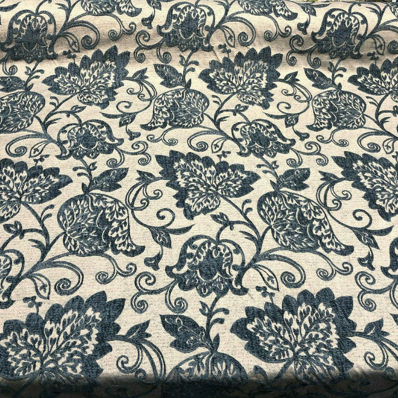 Renaissance Chenille Upholstery Fabric - Deep Teal Blue/Beige, 58" Width, 14" Horizontal Repeat, 26" Vertical Repeat (1 Yard)
