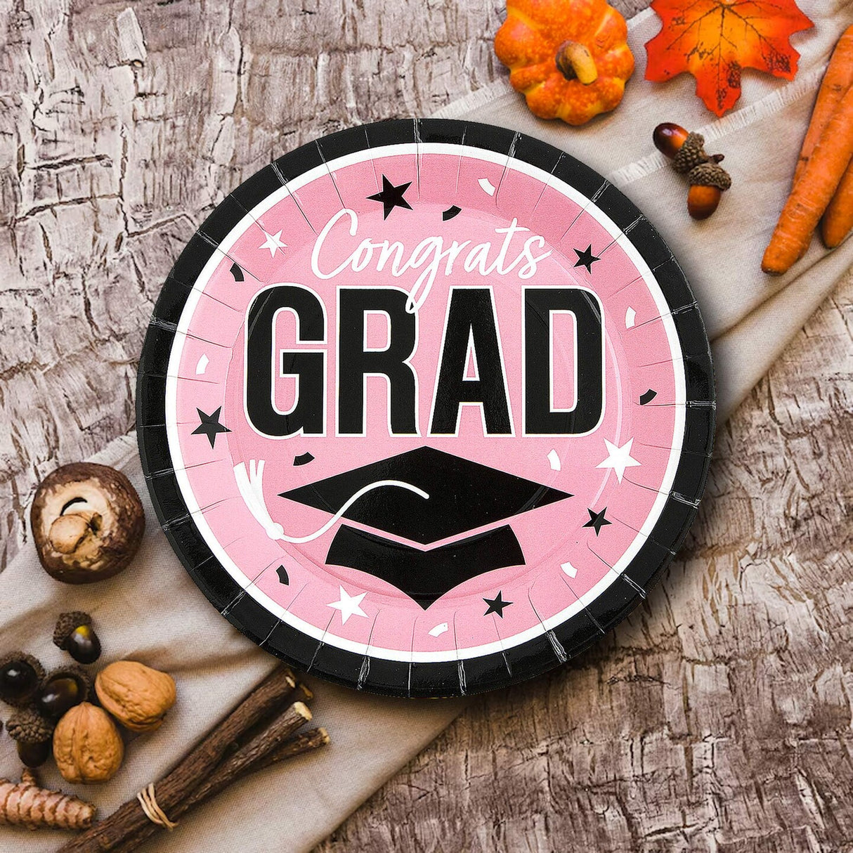 25 Count Pink Congrats Grad 9 Inch Paper Plates for Feminine Graduation Decor