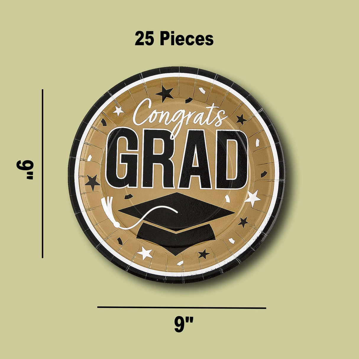 25 Count Gold Congrats Grad 9 Inch Round Paper Plates for Glam Graduation Celebrations