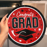 25 Count Red Congrats Grad 9 Inch Paper Plates for Festive Graduation Events