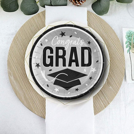 25 Count Silver Congrats Grad Paper Plates 9 Inch Graduation Supplies for Modern Party Style