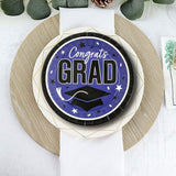 25 Count Purple Congrats Grad 9 Inch Round Paper Plates for Colorful Graduation Parties