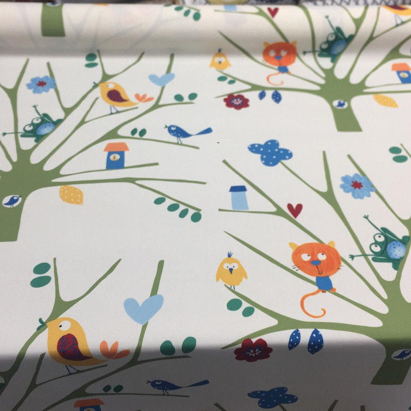 Fabricut Trees Frogs Birds Big Top Spun Polyester Fabric - White Blue Green Orange Yellow, Animals And Tree, 60" Width (1 Yard)