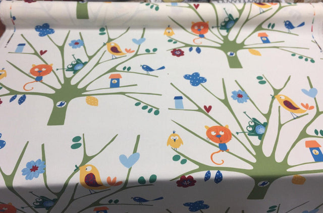 Fabricut Trees Frogs Birds Big Top Spun Polyester Fabric - White Blue Green Orange Yellow, Animals And Tree, 60" Width (1 Yard)