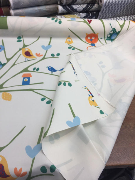 Fabricut Trees Frogs Birds Big Top Spun Polyester Fabric - White Blue Green Orange Yellow, Animals And Tree, 60" Width (1 Yard)