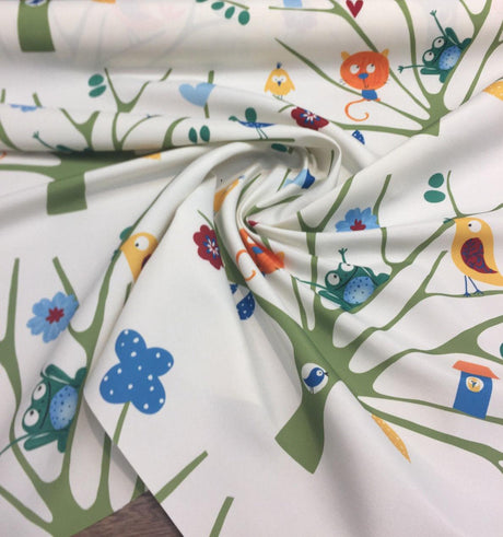 Fabricut Trees Frogs Birds Big Top Spun Polyester Fabric - White Blue Green Orange Yellow, Animals And Tree, 60" Width (1 Yard)