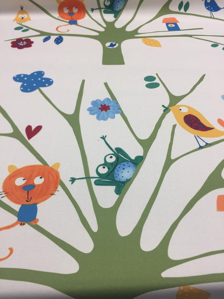Fabricut Trees Frogs Birds Big Top Spun Polyester Fabric - White Blue Green Orange Yellow, Animals And Tree, 60" Width (1 Yard)