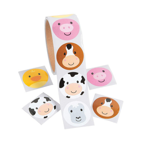 1 1/2" Farm Animal Face Multicolor Paper Sticker Roll 100 Pc