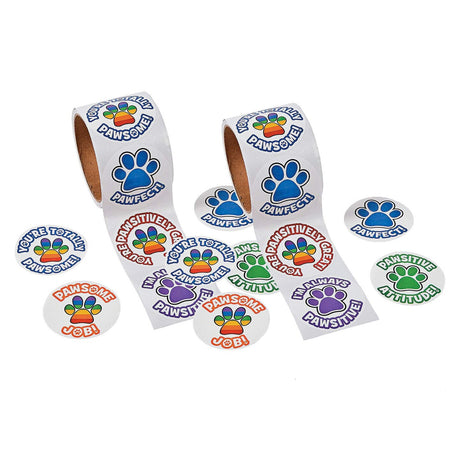 2 1/4" Multicolor Motivational Paw Print Sticker Roll 100 Pc