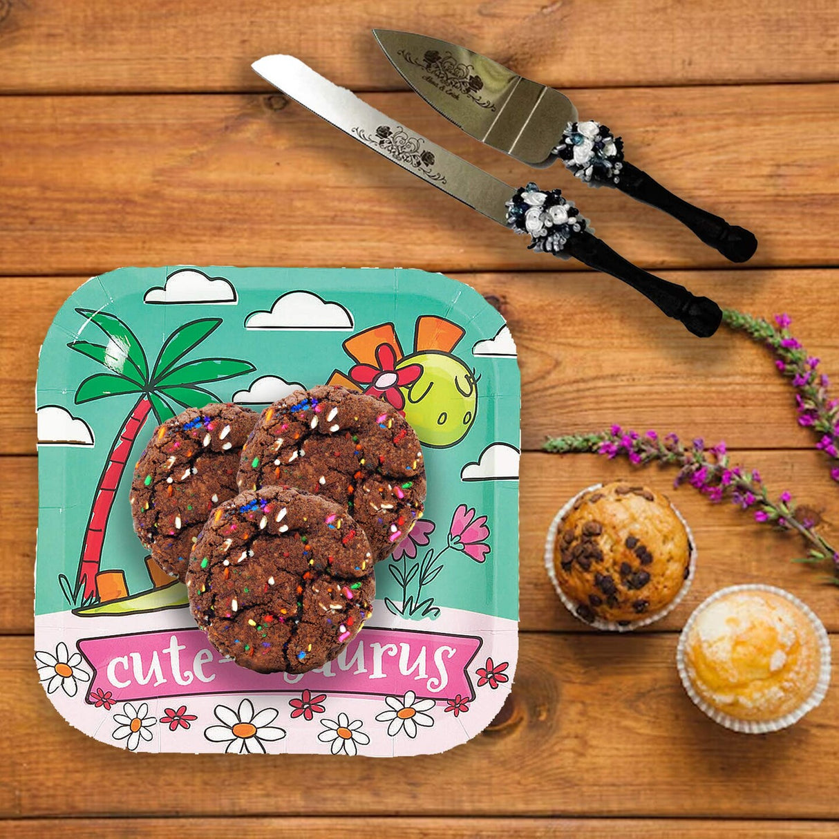8 Count Girl Dinosaur Party Cute-O-Saurus Square Paper Dessert Plates 6.5" Birthday Plates