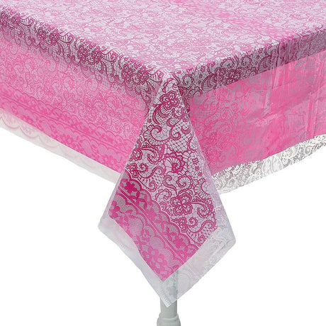 White Lace-Printed & Light Pink Rectangle Disposable Plastic Tablecloth Kit - 2 Pc.
