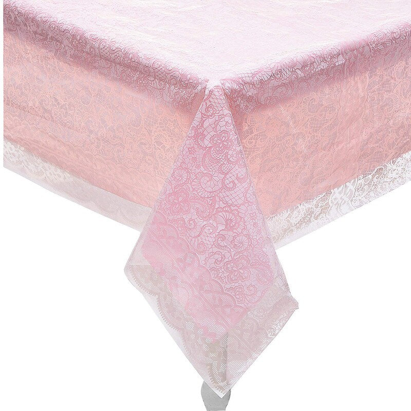 White Lace-Printed & Lilac Rectangle Disposable Plastic Tablecloth Kit – Set of 2