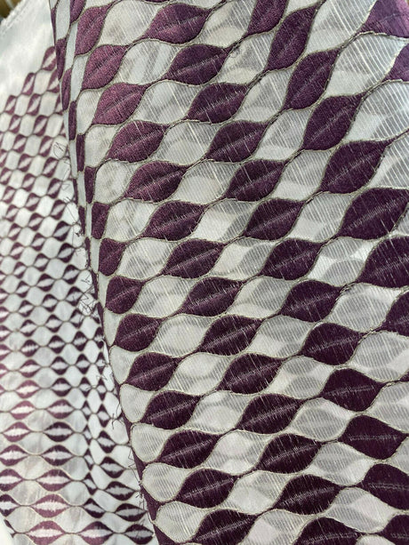 Purple Rain Embroidered Sheer Drapery Fabric - Off-White Background, Purple And Silver Stitching, 54" Width (1 Yard)