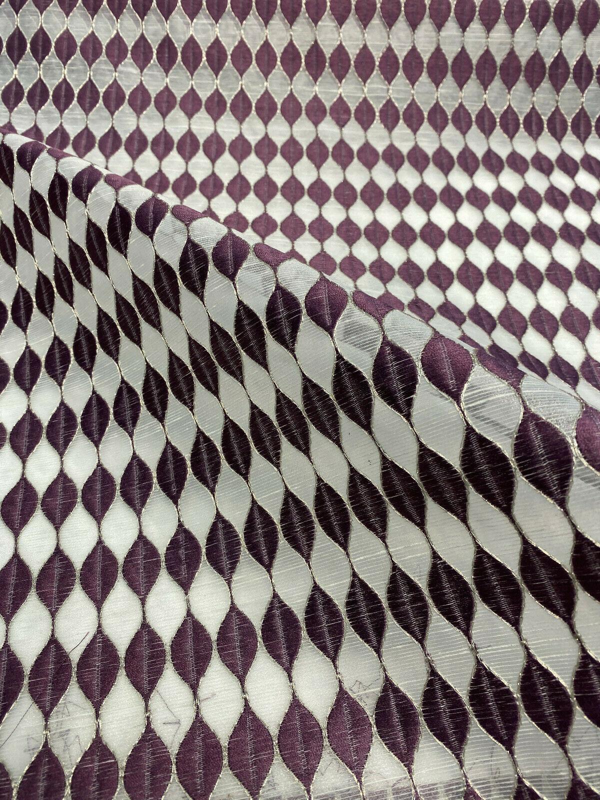 Purple Rain Embroidered Sheer Drapery Fabric - Off-White Background, Purple And Silver Stitching, 54" Width (1 Yard)