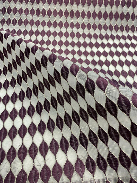 Purple Rain Embroidered Sheer Drapery Fabric - Off-White Background, Purple And Silver Stitching, 54" Width (1 Yard)