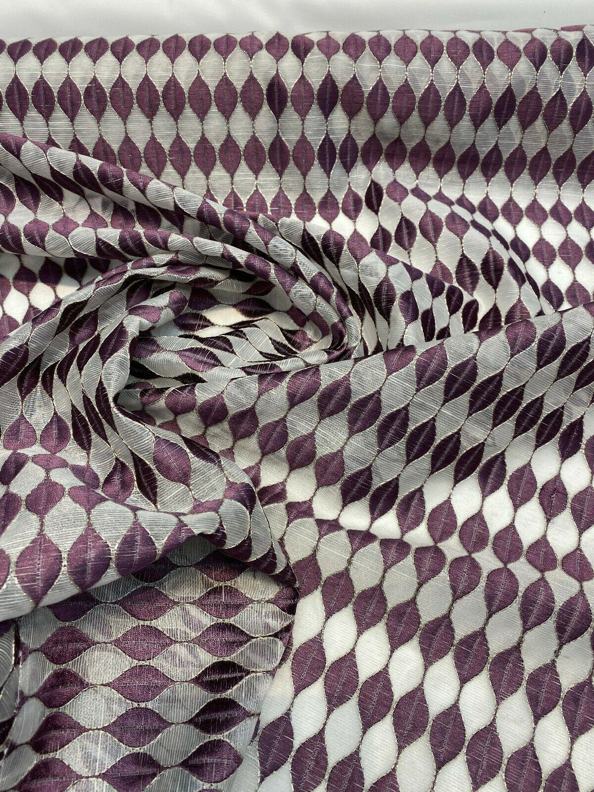 Purple Rain Embroidered Sheer Drapery Fabric - Off-White Background, Purple And Silver Stitching, 54" Width (1 Yard)