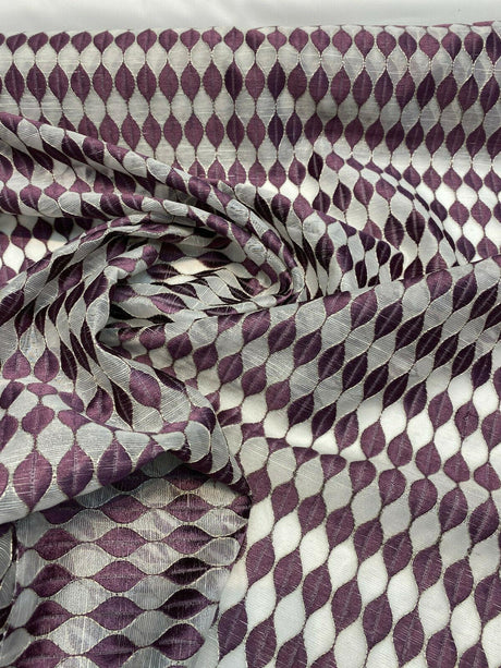 Purple Rain Embroidered Sheer Drapery Fabric - Off-White Background, Purple And Silver Stitching, 54" Width (1 Yard)