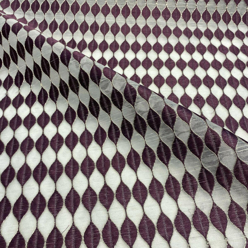 Purple Rain Embroidered Sheer Drapery Fabric - Off-White Background, Purple And Silver Stitching, 54" Width (1 Yard)