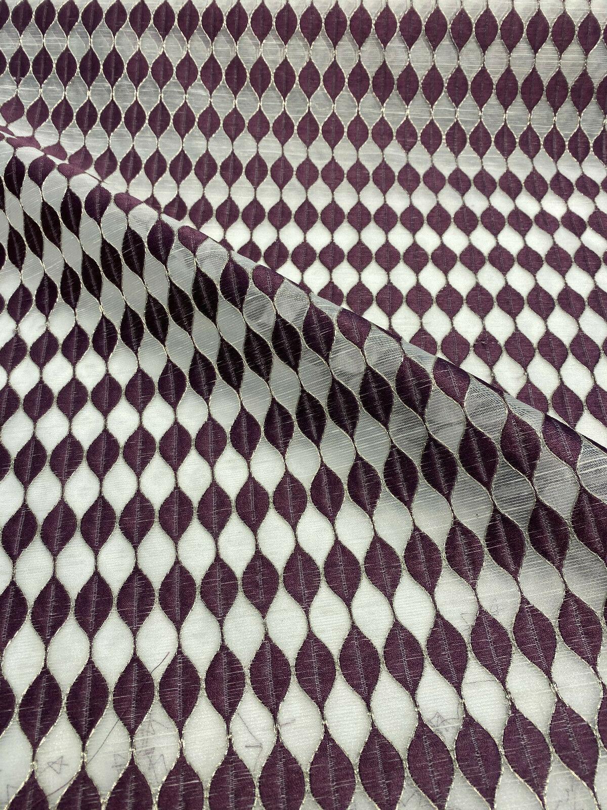 Purple Rain Embroidered Sheer Drapery Fabric - Off-White Background, Purple And Silver Stitching, 54" Width (1 Yard)