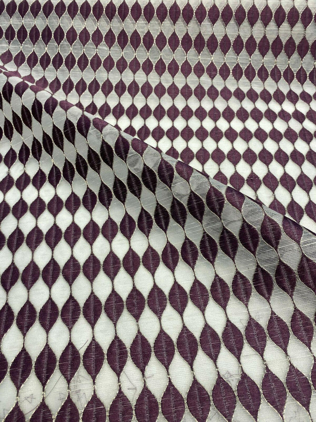 Purple Rain Embroidered Sheer Drapery Fabric - Off-White Background, Purple And Silver Stitching, 54" Width (1 Yard)