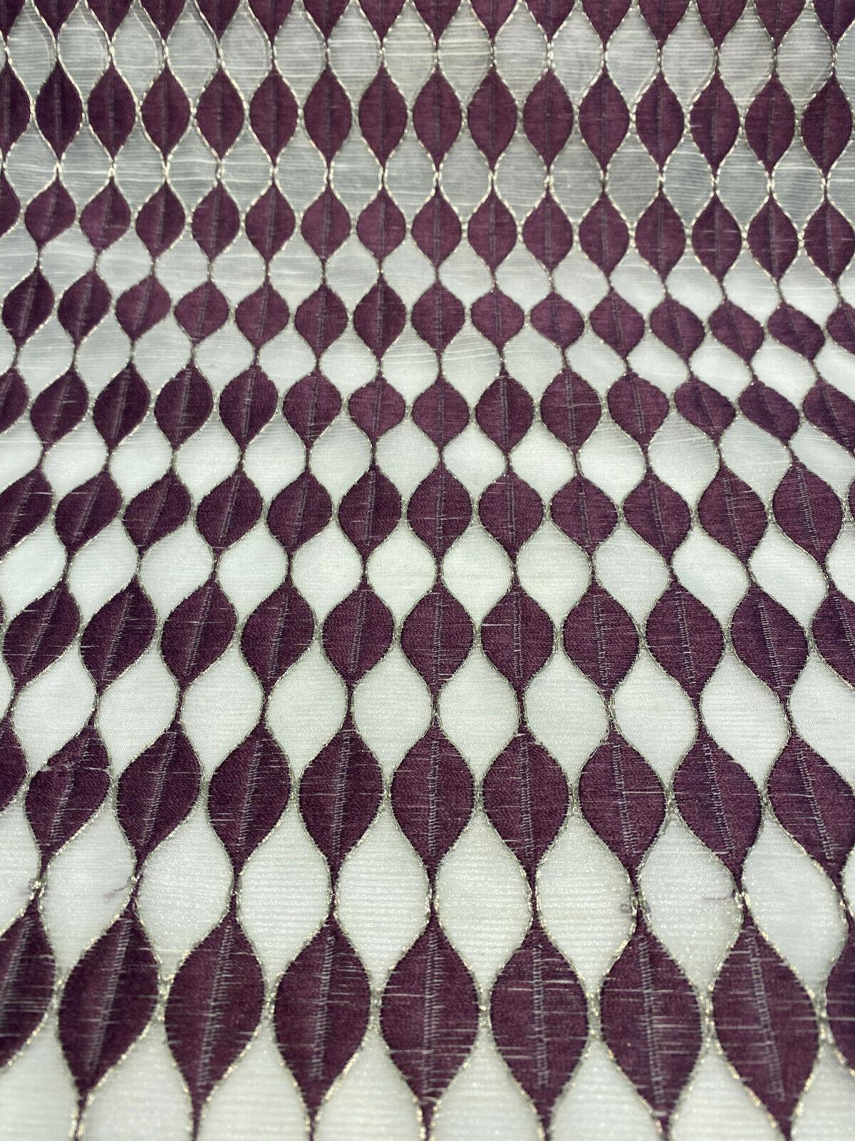Purple Rain Embroidered Sheer Drapery Fabric - Off-White Background, Purple And Silver Stitching, 54" Width (1 Yard)