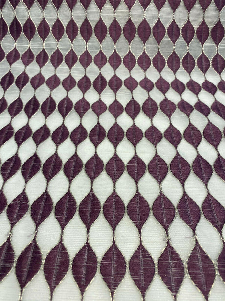 Purple Rain Embroidered Sheer Drapery Fabric - Off-White Background, Purple And Silver Stitching, 54" Width (1 Yard)