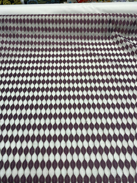 Purple Rain Embroidered Sheer Drapery Fabric - Off-White Background, Purple And Silver Stitching, 54" Width (1 Yard)