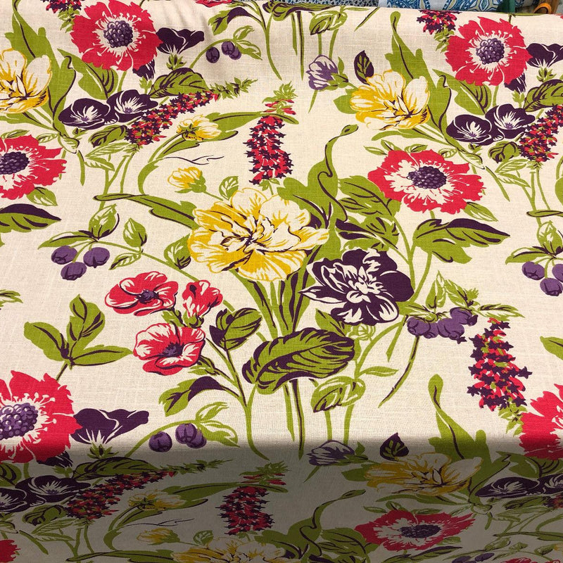 Becca Fiesta Linen Blend Fabric - Floral, Brown/Tan, Gold, Green, Natural, Pink, Purple, 54" Width, 30" Vertical Repeat, 27" Horizontal Repeat (1 Yard)