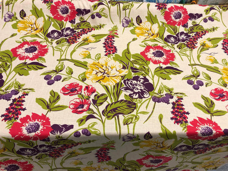 Becca Fiesta Linen Blend Fabric - Floral, Brown/Tan, Gold, Green, Natural, Pink, Purple, 54" Width, 30" Vertical Repeat, 27" Horizontal Repeat (1 Yard)