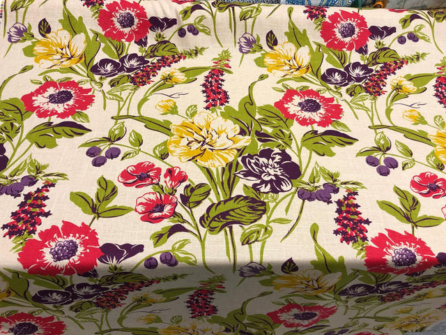 Becca Fiesta Linen Blend Fabric - Floral, Brown/Tan, Gold, Green, Natural, Pink, Purple, 54" Width, 30" Vertical Repeat, 27" Horizontal Repeat (1 Yard)