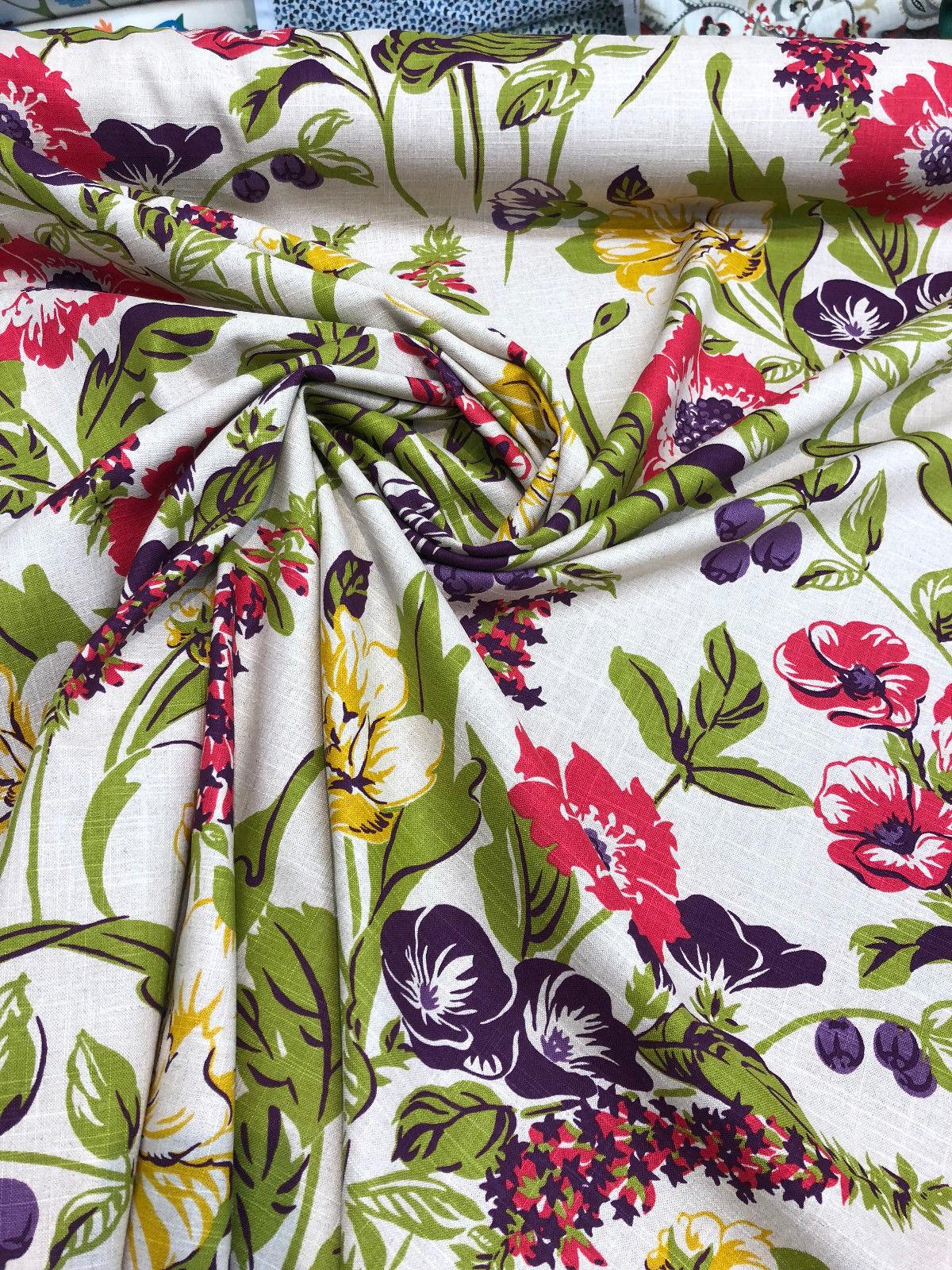 Becca Fiesta Linen Blend Fabric - Floral, Brown/Tan, Gold, Green, Natural, Pink, Purple, 54" Width, 30" Vertical Repeat, 27" Horizontal Repeat (1 Yard)
