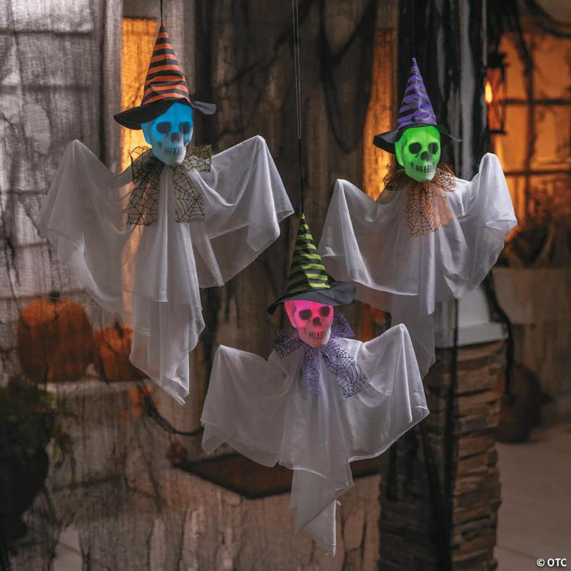 RADYAN Hanging Light-Up Skeleton Face Ghosts with Witch Hats, Set of 3 shown in a clear product image