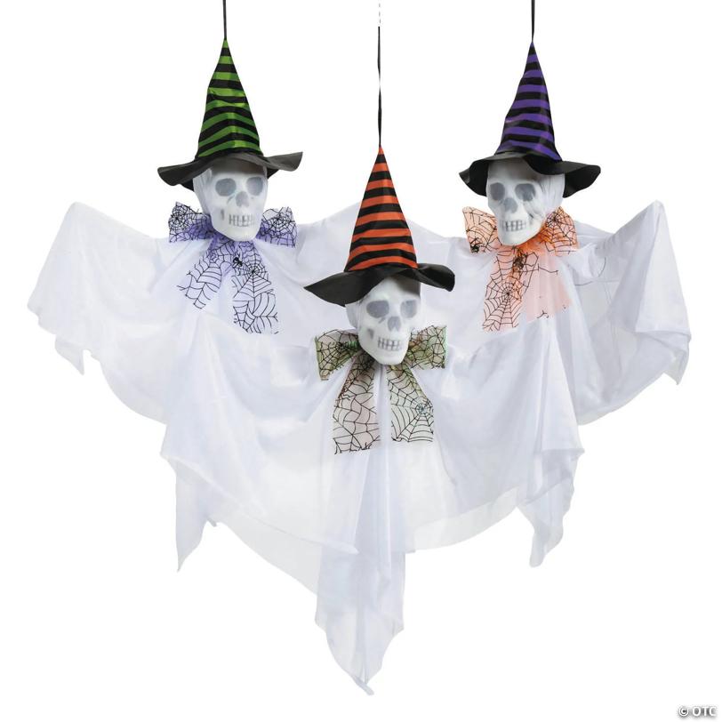 23 1/2" Hanging Light-Up Skeleton Face Ghosts with Witch Hats - Set of 3